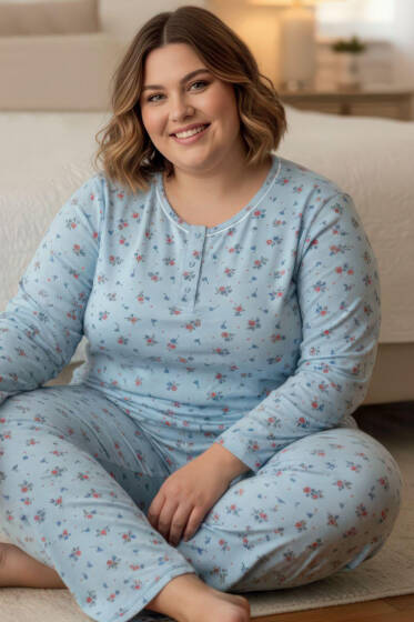 Düğmeli Büyük Beden Viscon Pijama Takımı Bebe Mavi - Yılın Fırsatı