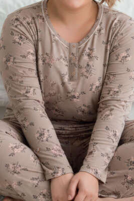 Düğmeli Büyük Beden Viscon Pijama Takımı Latte - Pijama