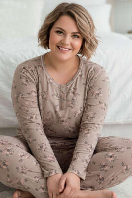 Düğmeli Büyük Beden Viscon Pijama Takımı Latte - MANOLYA