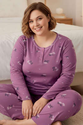 Düğmeli Büyük Beden Viscon Pijama Takımı Magenta - MANOLYA