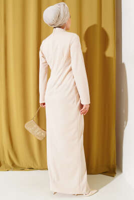 Düğmeli Büzgülü Elbise Bej - Tesettür Elbise