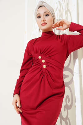 Düğmeli Büzgülü Elbise Bordo - Tesettür Elbise