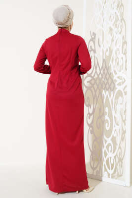 Düğmeli Büzgülü Elbise Bordo - Tesettür Elbise