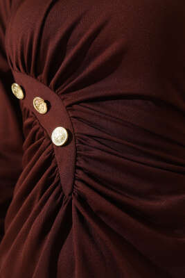 Düğmeli Büzgülü Elbise Kahve - Tesettür Elbise