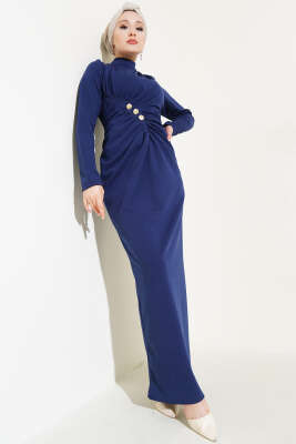 Düğmeli Büzgülü Elbise Lacivert - Tesettür Elbise