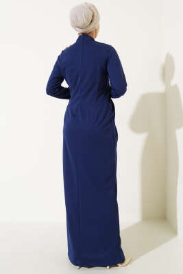 Düğmeli Büzgülü Elbise Lacivert - Tesettür Elbise