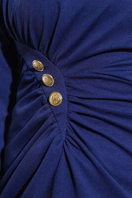 Düğmeli Büzgülü Elbise Lacivert - Tesettür Elbise