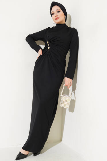 Düğmeli Büzgülü Elbise Siyah - Elbise