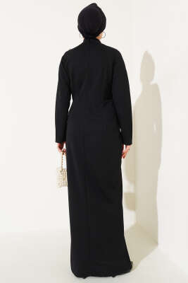 Düğmeli Büzgülü Elbise Siyah - Tesettür Elbise