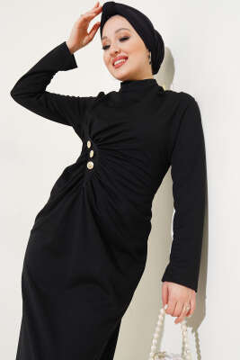 Düğmeli Büzgülü Elbise Siyah - Tesettür Elbise