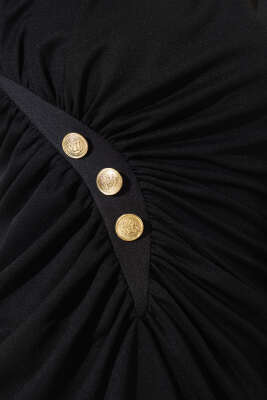 Düğmeli Büzgülü Elbise Siyah - Tesettür Elbise