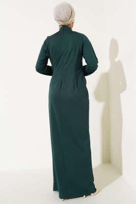 Düğmeli Büzgülü Elbise Zümrüt Yeşili - Tesettür Elbise