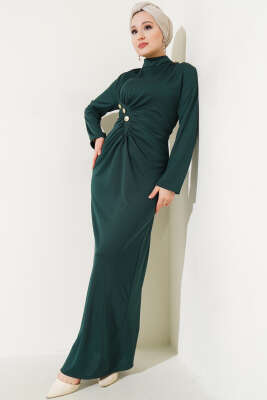 Düğmeli Büzgülü Elbise Zümrüt Yeşili 