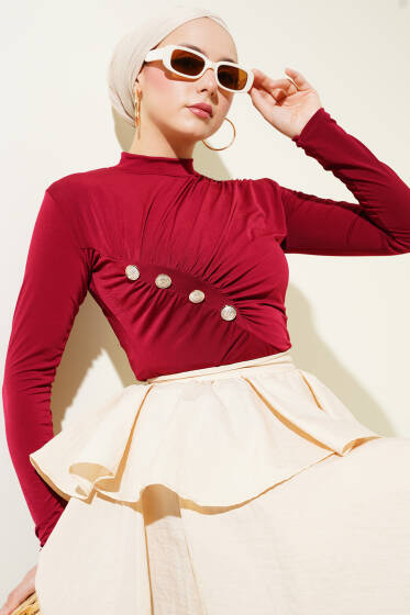 Düğmeli Büzgülü Sandy Bluz Bordo - Bluz