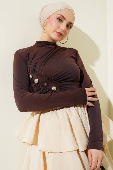 Düğmeli Büzgülü Sandy Bluz Kahve - Bluz