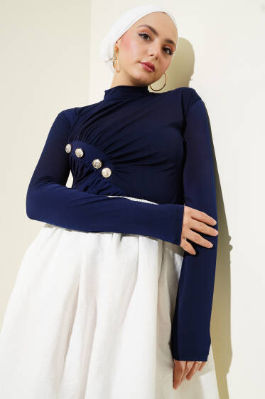 Düğmeli Büzgülü Sandy Bluz Lacivert - Bluz