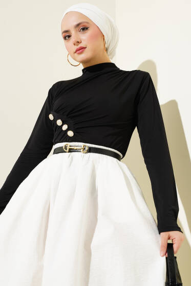 Düğmeli Büzgülü Sandy Bluz Siyah - Bluz