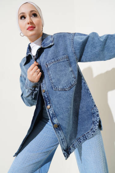 Düğmeli Cepli Basic Kot Ceket Mavi - Ceket