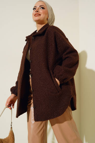 Düğmeli Cepli Buklet Ceket Kahve - Ceket