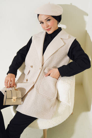 Düğmeli Cepli Buklet Yelek Bej - Yelek