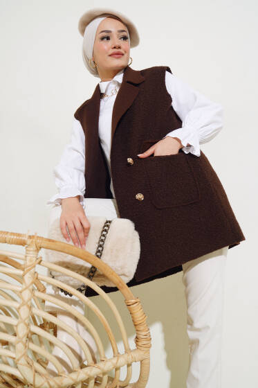 Düğmeli Cepli Buklet Yelek Kahve - Yelek