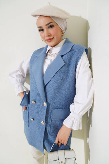 Düğmeli Cepli Buklet Yelek Mavi - Yelek