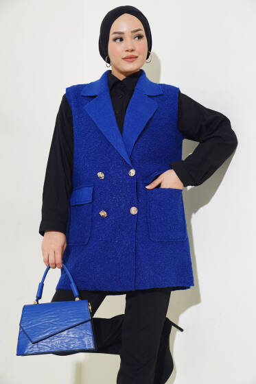 Düğmeli Cepli Buklet Yelek Saks - Yelek