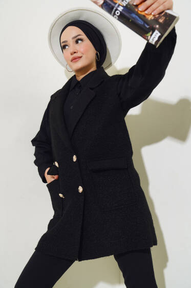 Düğmeli Cepli Buklet Yelek Siyah - Yelek