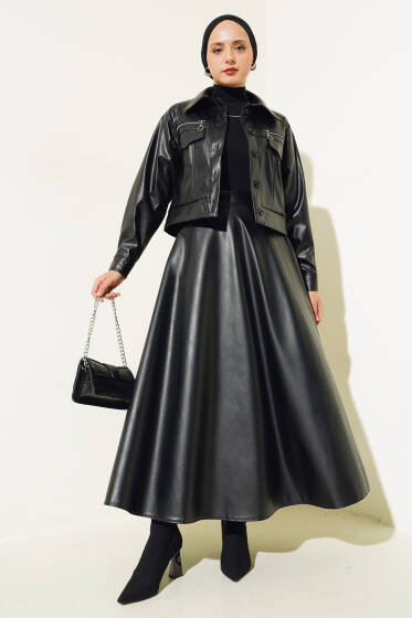 Düğmeli Cepli Deri Ceket Takım Siyah - Tesettür Takım