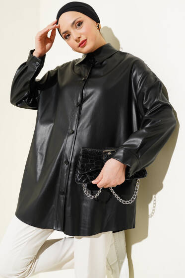 Düğmeli Cepli Deri Gömlek Siyah - Gömlek