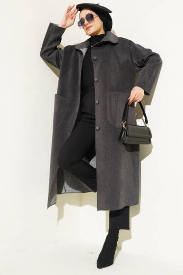 Düğmeli Cepli Kaşe Kaban Antrasit - Kaban