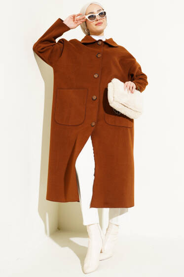 Düğmeli Cepli Kaşe Kaban Camel - Kaban