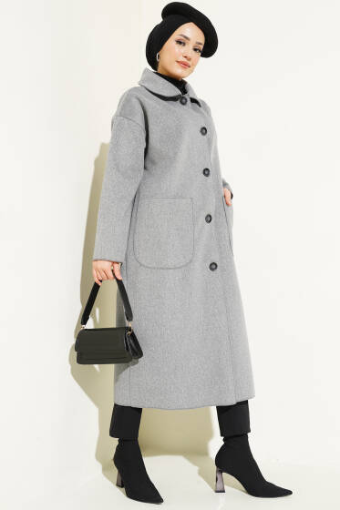 Düğmeli Cepli Kaşe Kaban Gri - Kaban