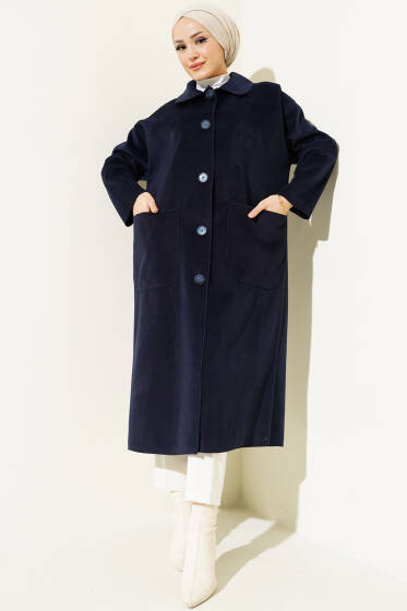Düğmeli Cepli Kaşe Kaban Lacivert - Kaban
