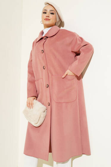 Düğmeli Cepli Kaşe Kaban Pudra - Kaban
