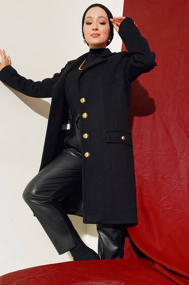 Düğmeli Cepli Kaşe Kaban Siyah - Kaban