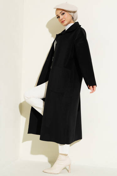 Düğmeli Cepli Kaşe Kaban Siyah - Kaban