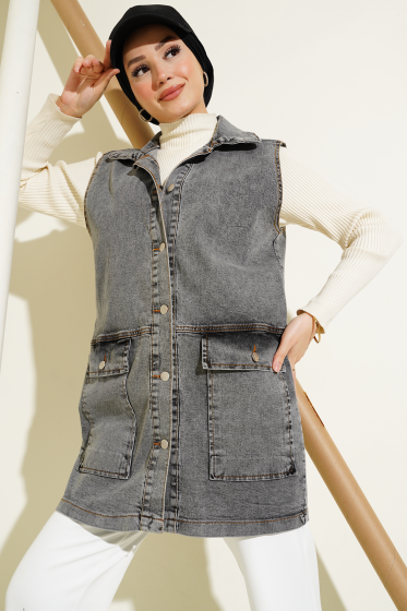 Düğmeli Cepli Kot Yelek Füme - Yelek