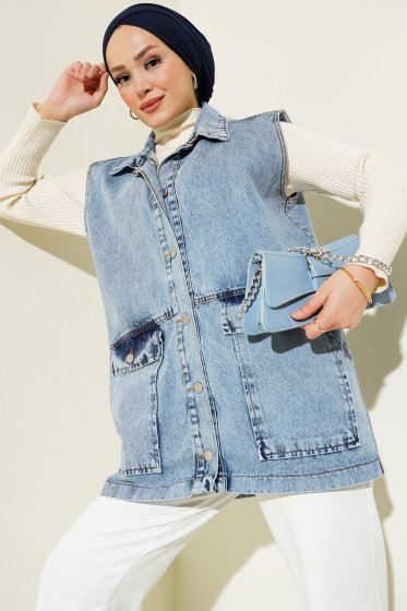 Düğmeli Cepli Kot Yelek Kot Mavisi - Yelek