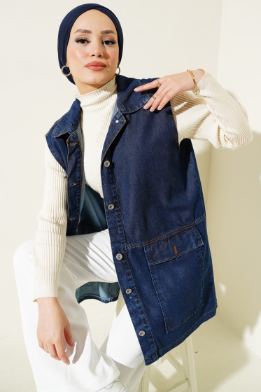 Düğmeli Cepli Kot Yelek Koyu Mavi - Yelek