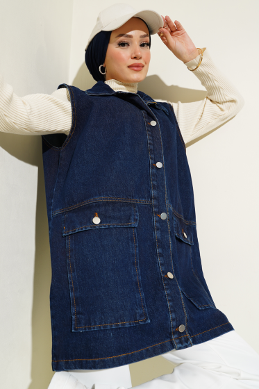 Düğmeli Cepli Kot Yelek Lacivert - Yelek