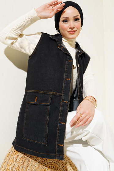 Düğmeli Cepli Kot Yelek Siyah - Yelek