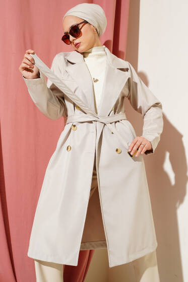 	 Düğmeli Cepli Trençkot Bej - Trençkot