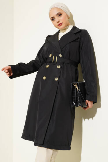 	 Düğmeli Cepli Trençkot Siyah - Trençkot