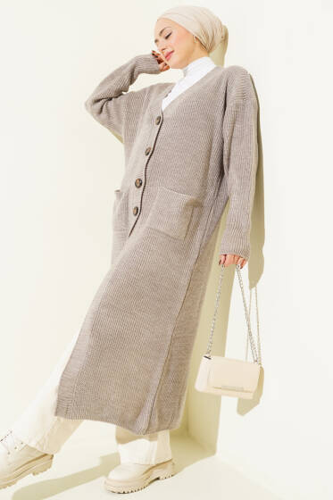 Düğmeli Cepli Uzun Triko Hırka Bronz - Hırka