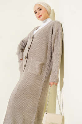 Düğmeli Cepli Uzun Triko Hırka Bronz - Hırka