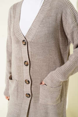 Düğmeli Cepli Uzun Triko Hırka Bronz - Hırka