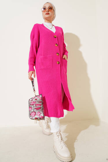 Düğmeli Cepli Uzun Triko Hırka Fuşya - Hırka