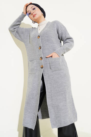 Düğmeli Cepli Uzun Triko Hırka Gri - Hırka