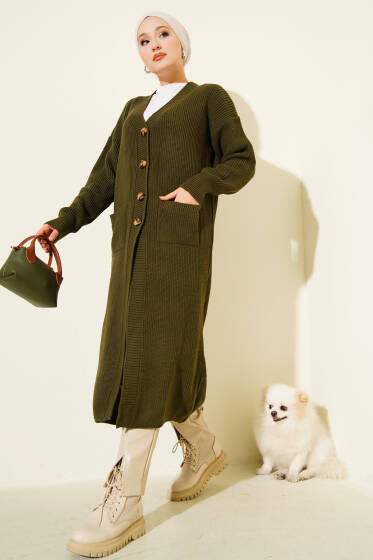 Düğmeli Cepli Uzun Triko Hırka Haki - Hırka